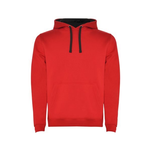 Children's red and black two-tone hooded sweatshirt with kangaroo pocket and contrast hood lining