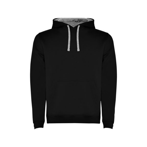 Children's black and grey two-tone hooded sweatshirt with kangaroo pocket and contrast hood lining