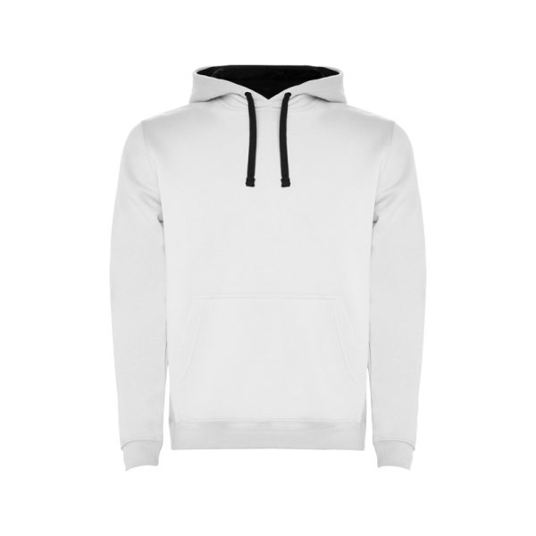 Children's white and deep navy two-tone hooded sweatshirt with kangaroo pocket and contrast hood lining