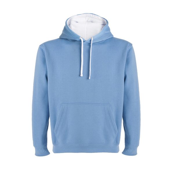 Children's sky blue two-tone hooded sweatshirt with kangaroo pocket and contrast hood lining