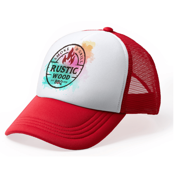 Red and white five-panel polyester trucker cap with mesh back and sublimation print