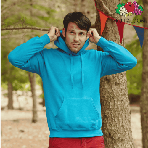 Man wearing a turquoise Fruit of the Loom Classic hooded sweatshirt with kangaroo pocket, 280 g/m²